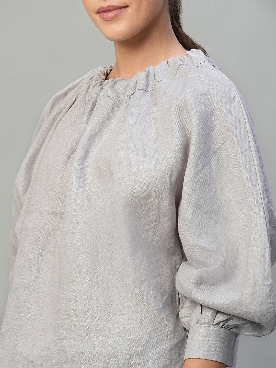 Women's Grey 100% Linen Regular Fit Blouse
