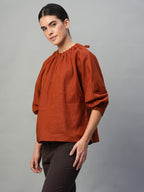 Women's Rust 100% Linen Regular Fit Blouse