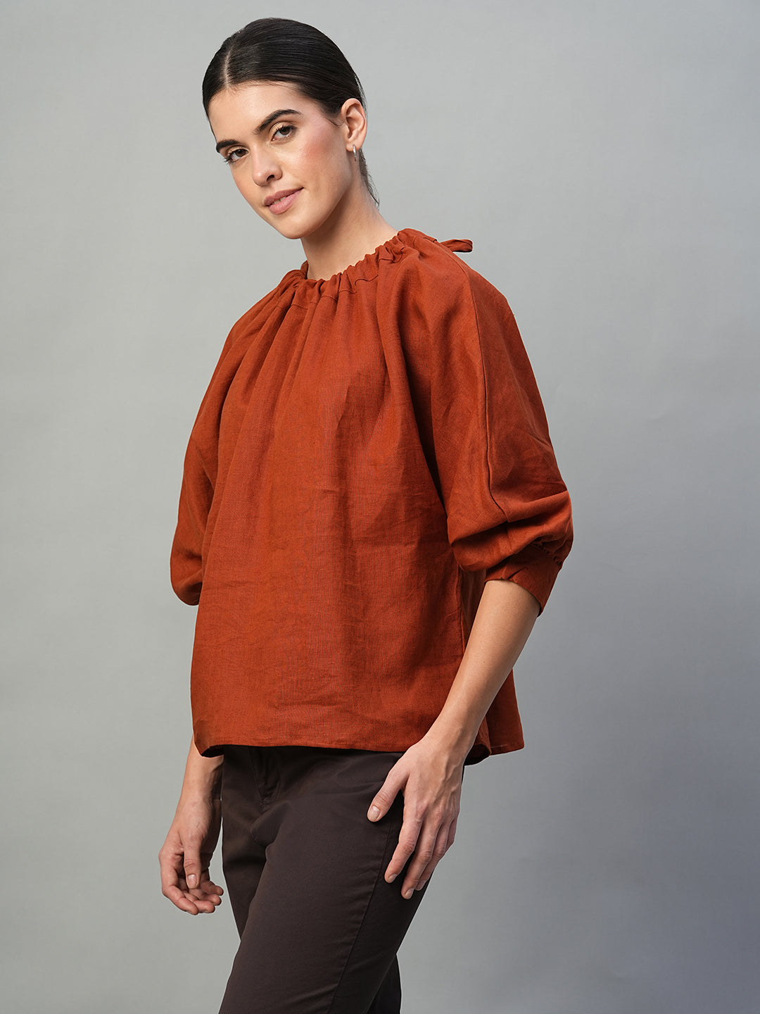 Women's Rust 100% Linen Regular Fit Blouse