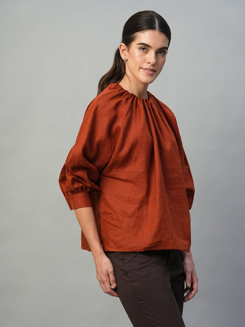 Women's Rust 100% Linen Regular Fit Blouse