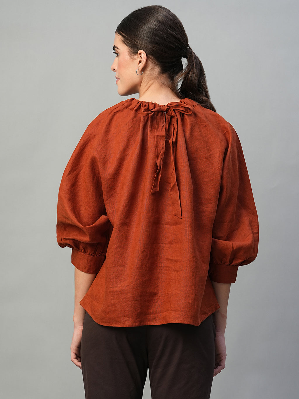 Women's Rust 100% Linen Regular Fit Blouse