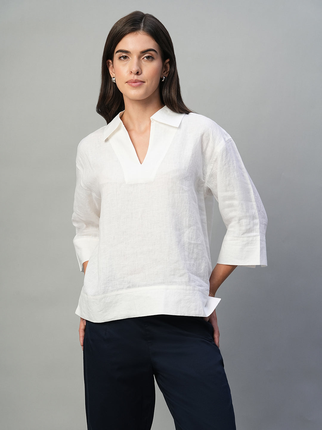Women's White 100% Linen Regular Fit Blouse
