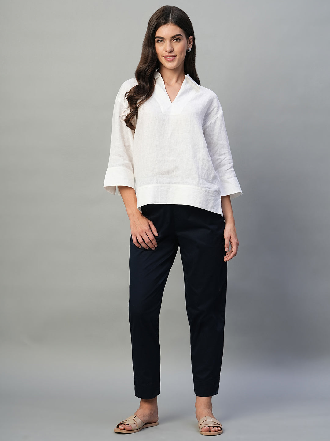 Women's White 100% Linen Regular Fit Blouse