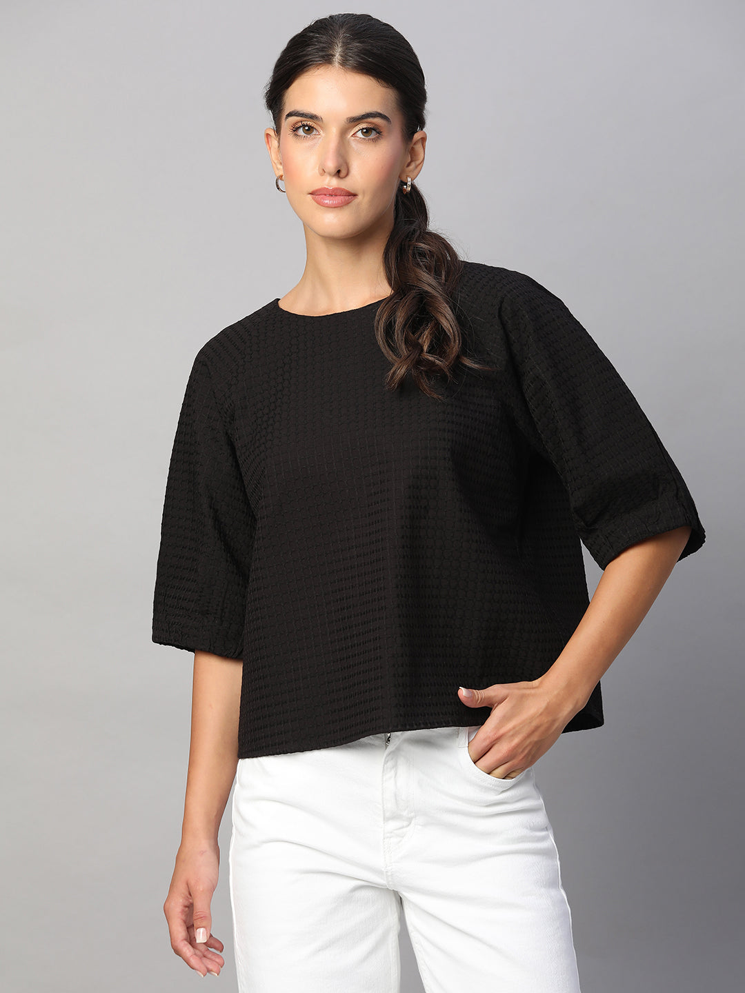 Women's Black 100% Cotton Regular Fit Blouse