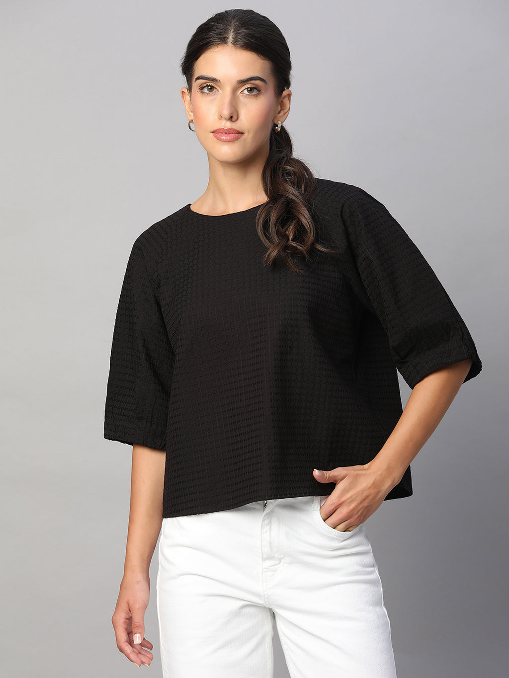 Women's Black 100% Cotton Regular Fit Blouse