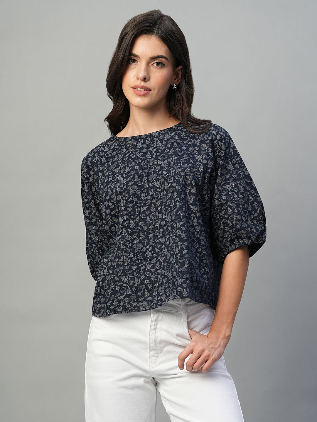 Women's Navy Linen Cotton Regular Fit Blouse