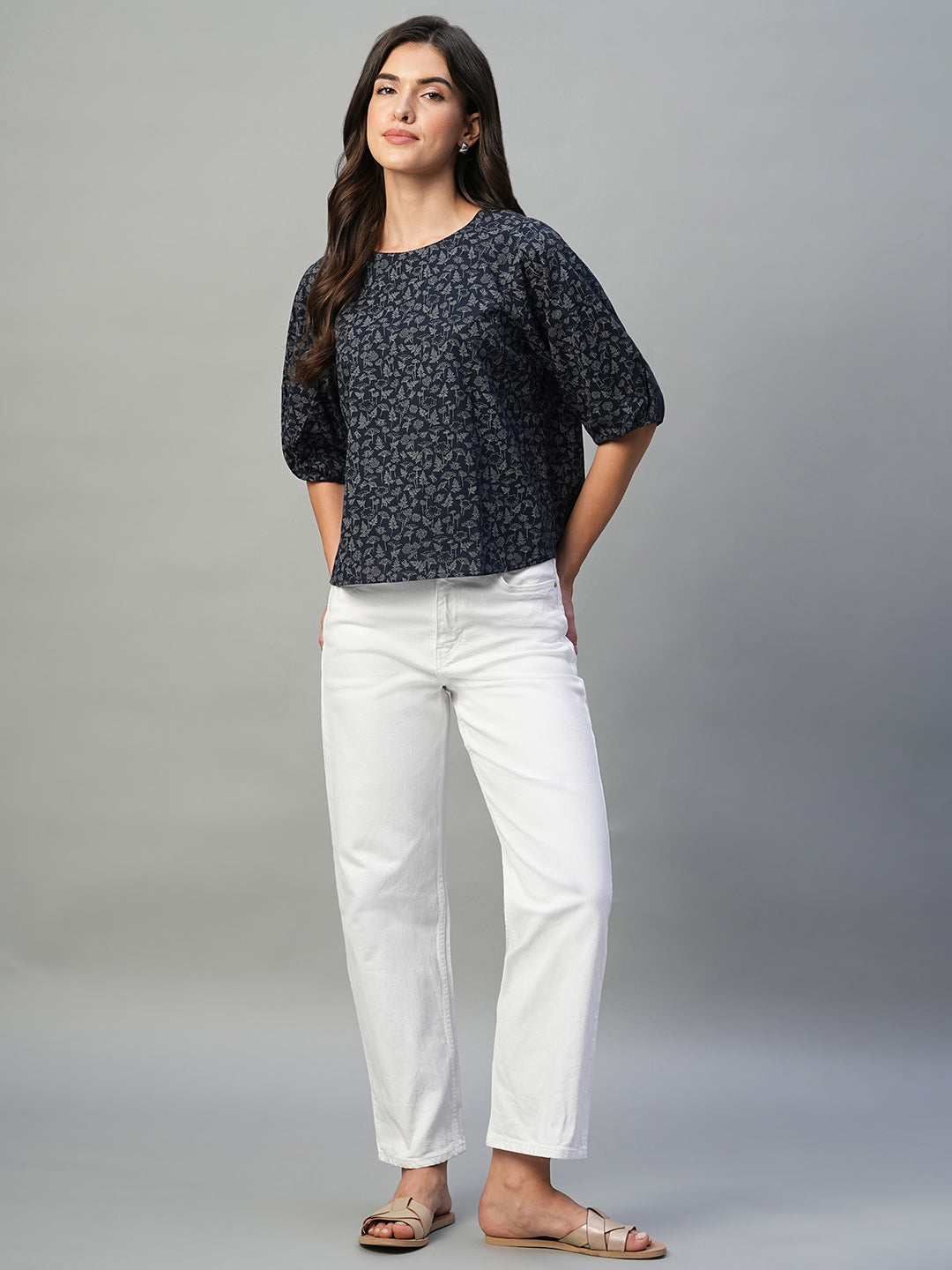 Women's Navy Linen Cotton Regular Fit Blouse