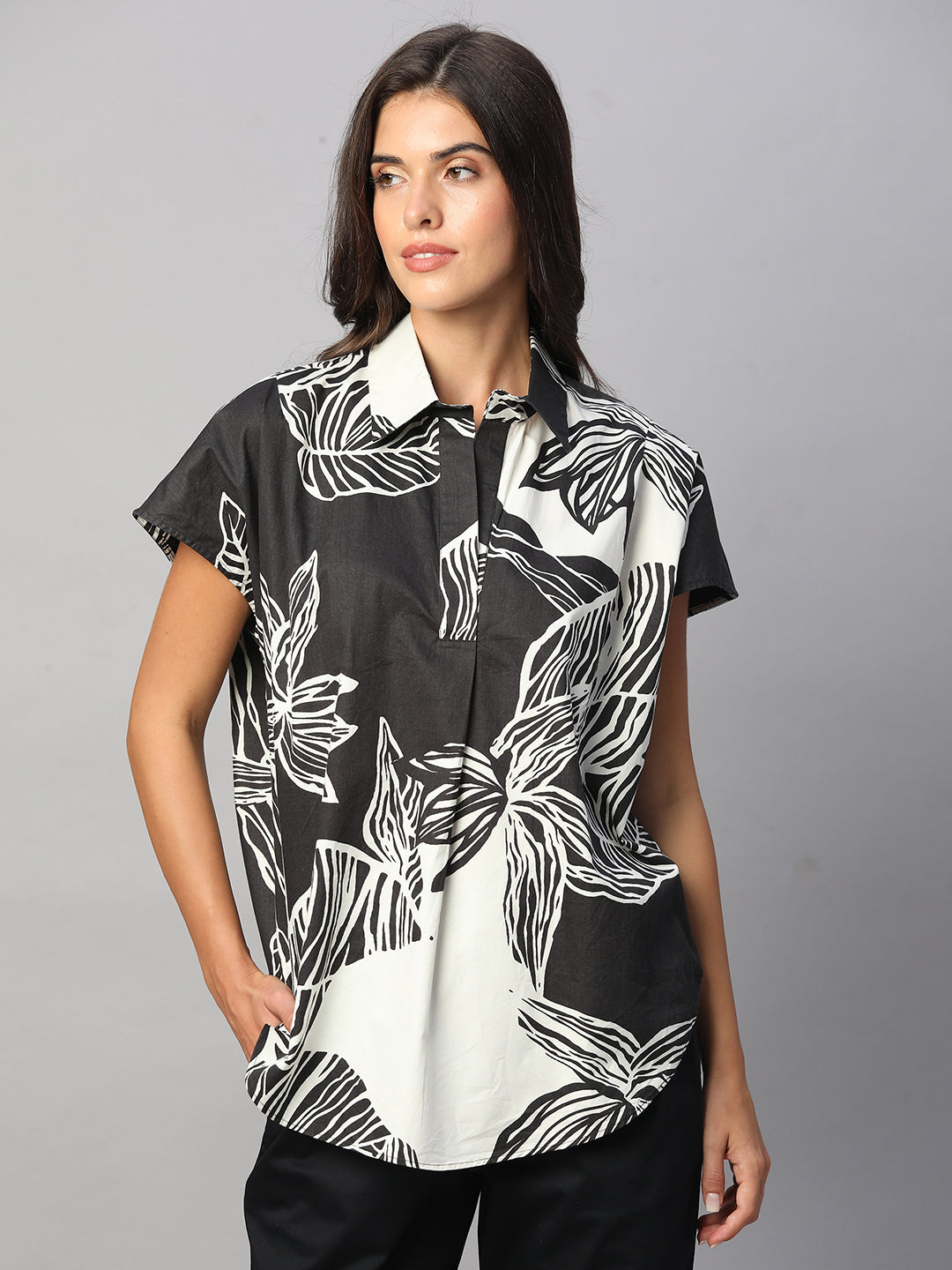 Women's White/Black 100% Cotton Boxy Fit Blouse