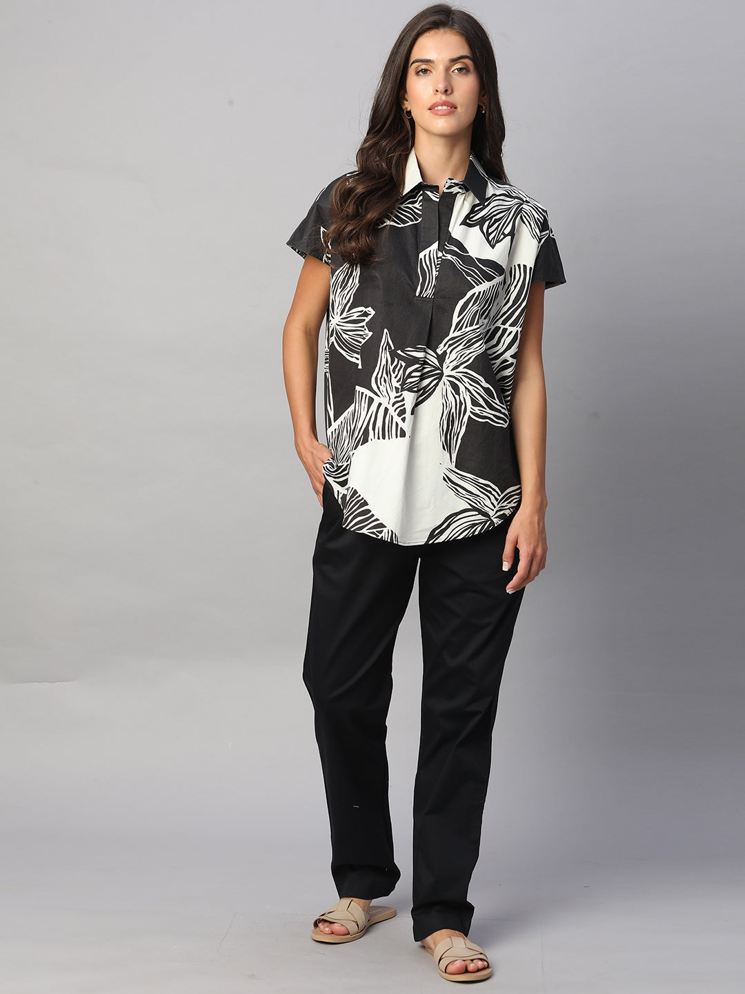 Women's White/Black 100% Cotton Boxy Fit Blouse