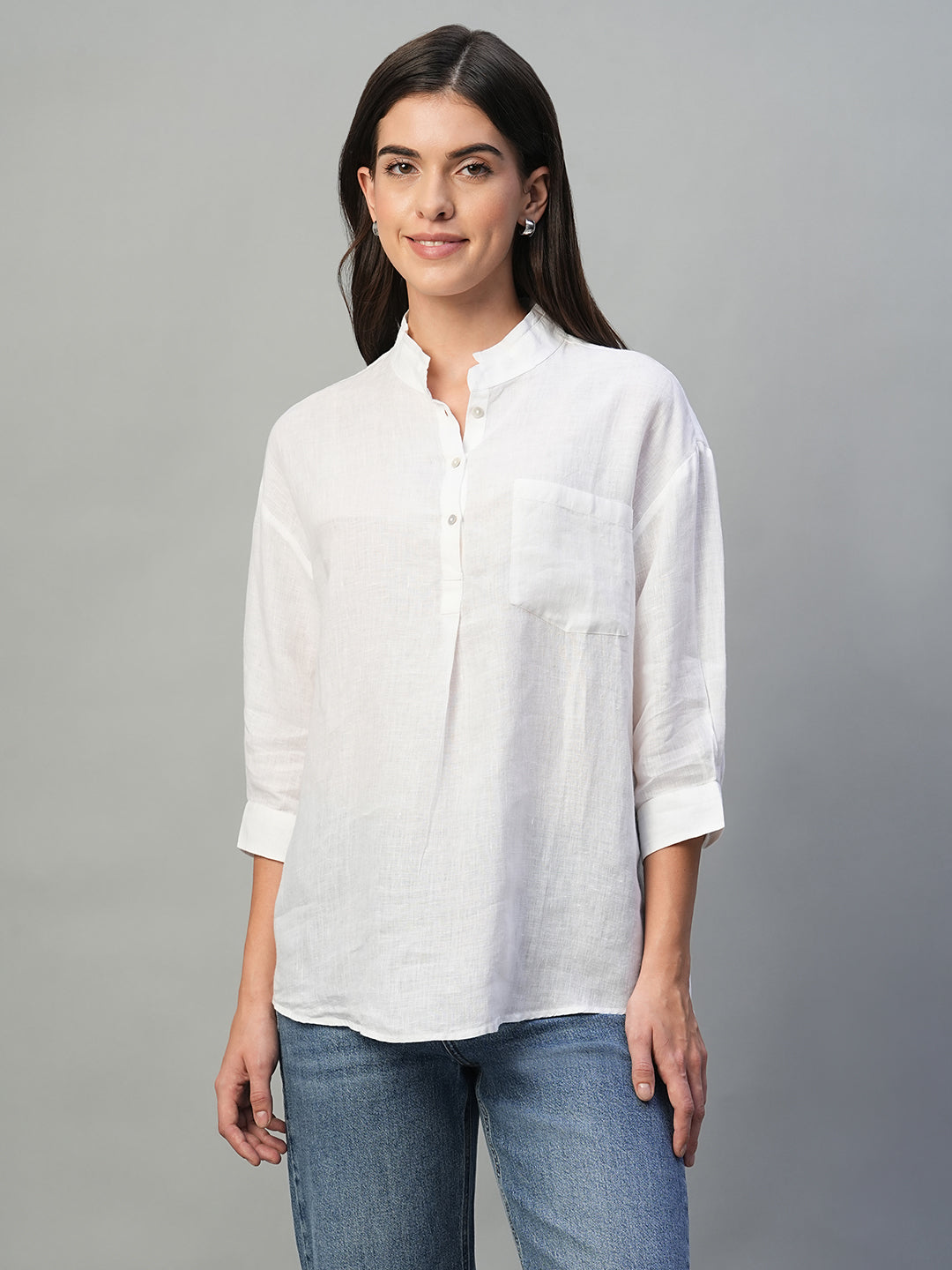 Women's White 100% Linen Regular Fit Blouse