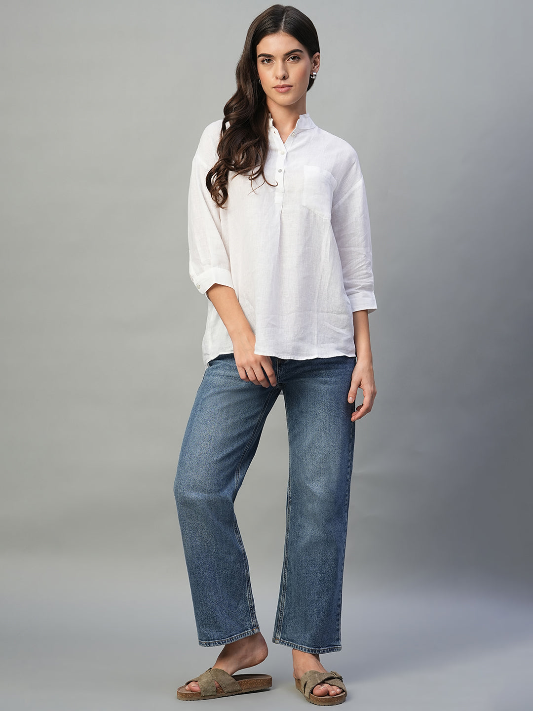 Women's White 100% Linen Regular Fit Blouse