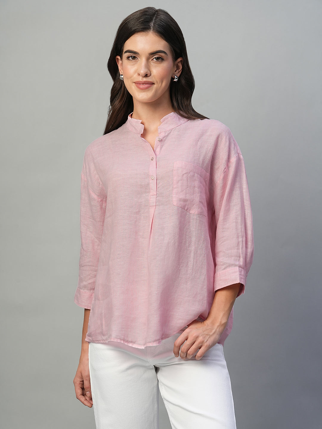 Women's Pink 100% Linen Regular Fit Blouse