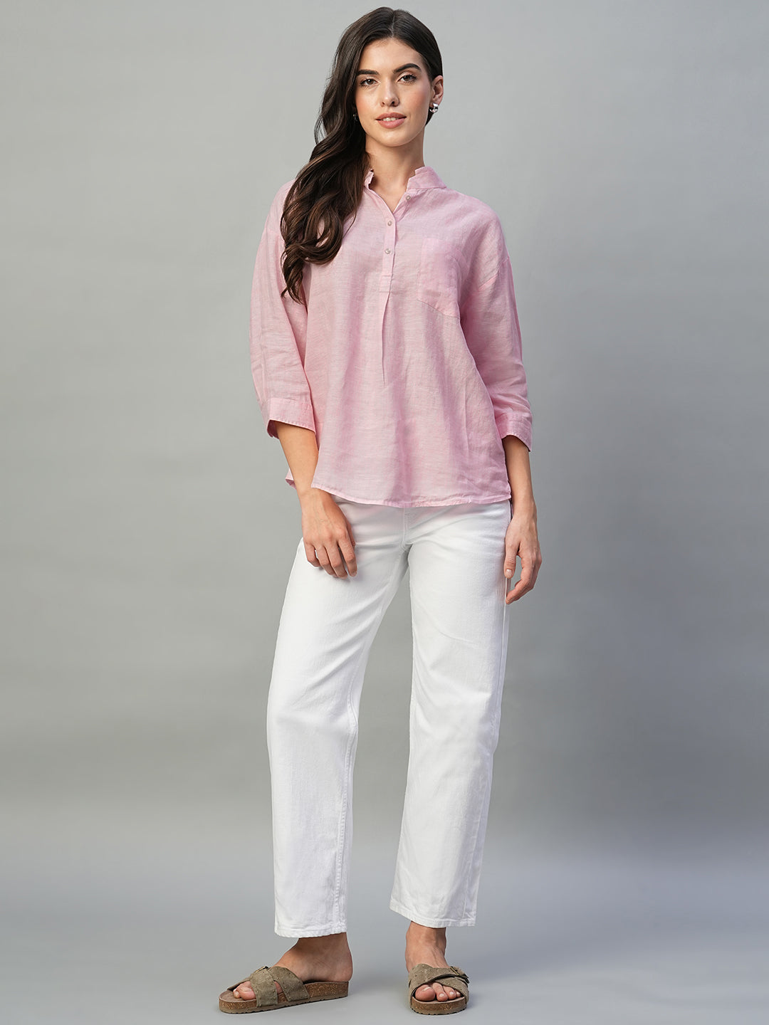 Women's Pink 100% Linen Regular Fit Blouse