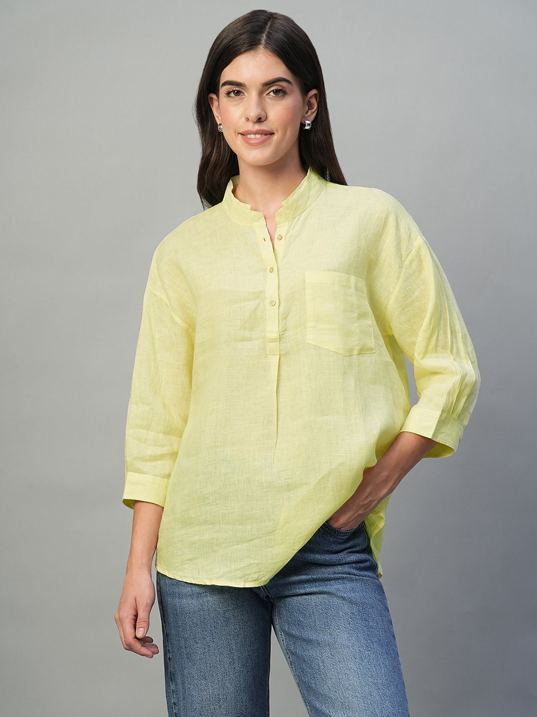 Women's Yellow 100% Linen Regular Fit Blouse