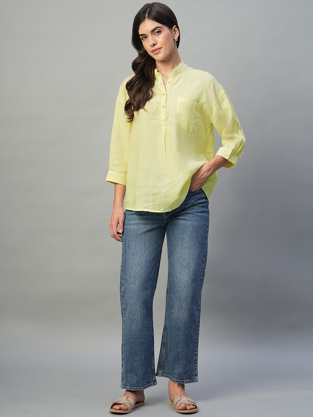 Women's Yellow 100% Linen Regular Fit Blouse