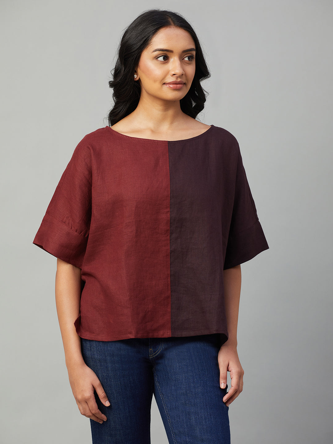 Women's Maroon 100% Linen Regular Fit Blouse