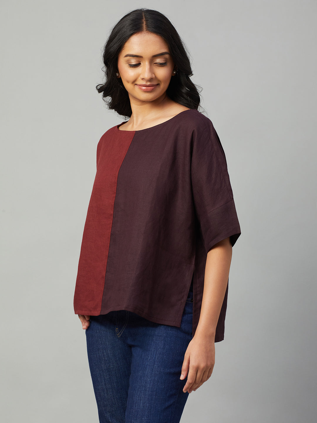 Women's Maroon 100% Linen Regular Fit Blouse