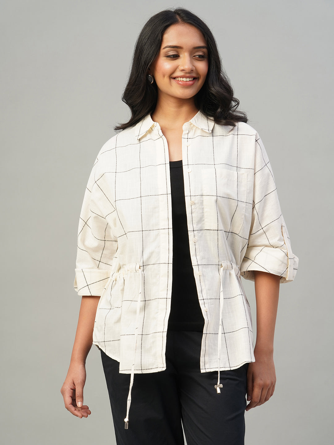 Women's Natural/Black 100% Cotton Regular Fit Blouse