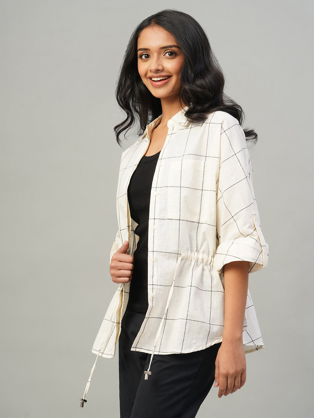 Women's Natural/Black 100% Cotton Regular Fit Blouse