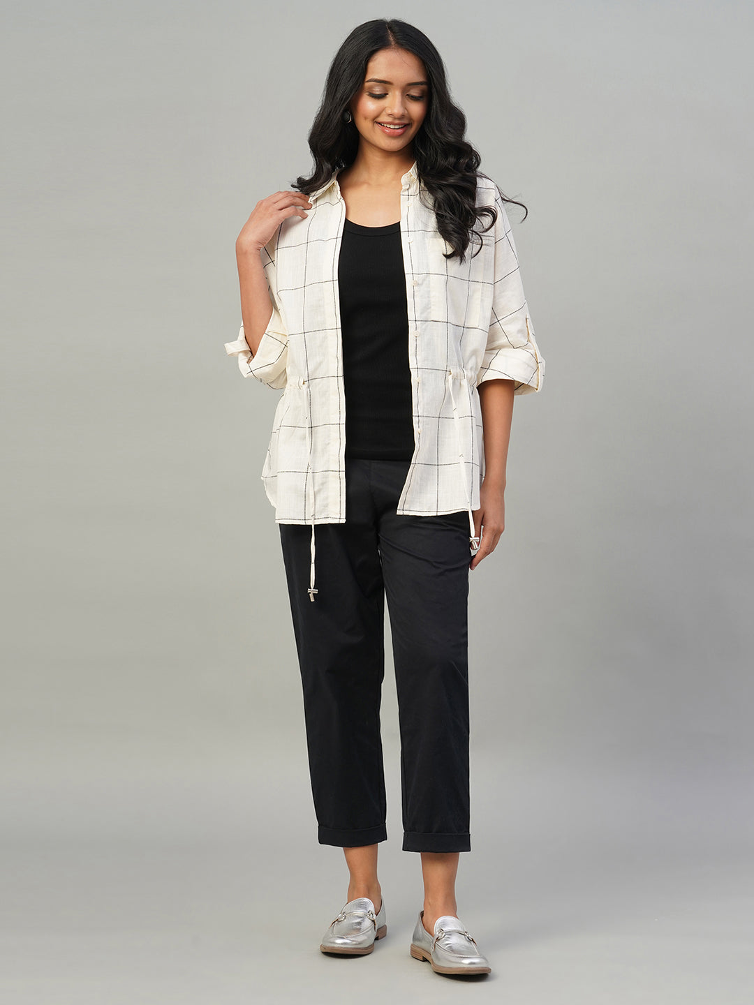 Women's Natural/Black 100% Cotton Regular Fit Blouse