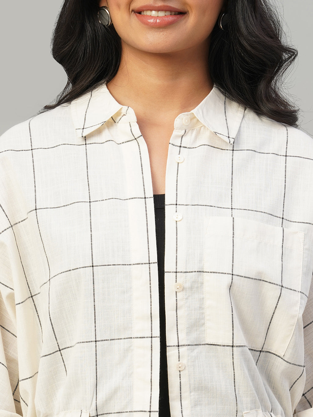 Women's Natural/Black 100% Cotton Regular Fit Blouse