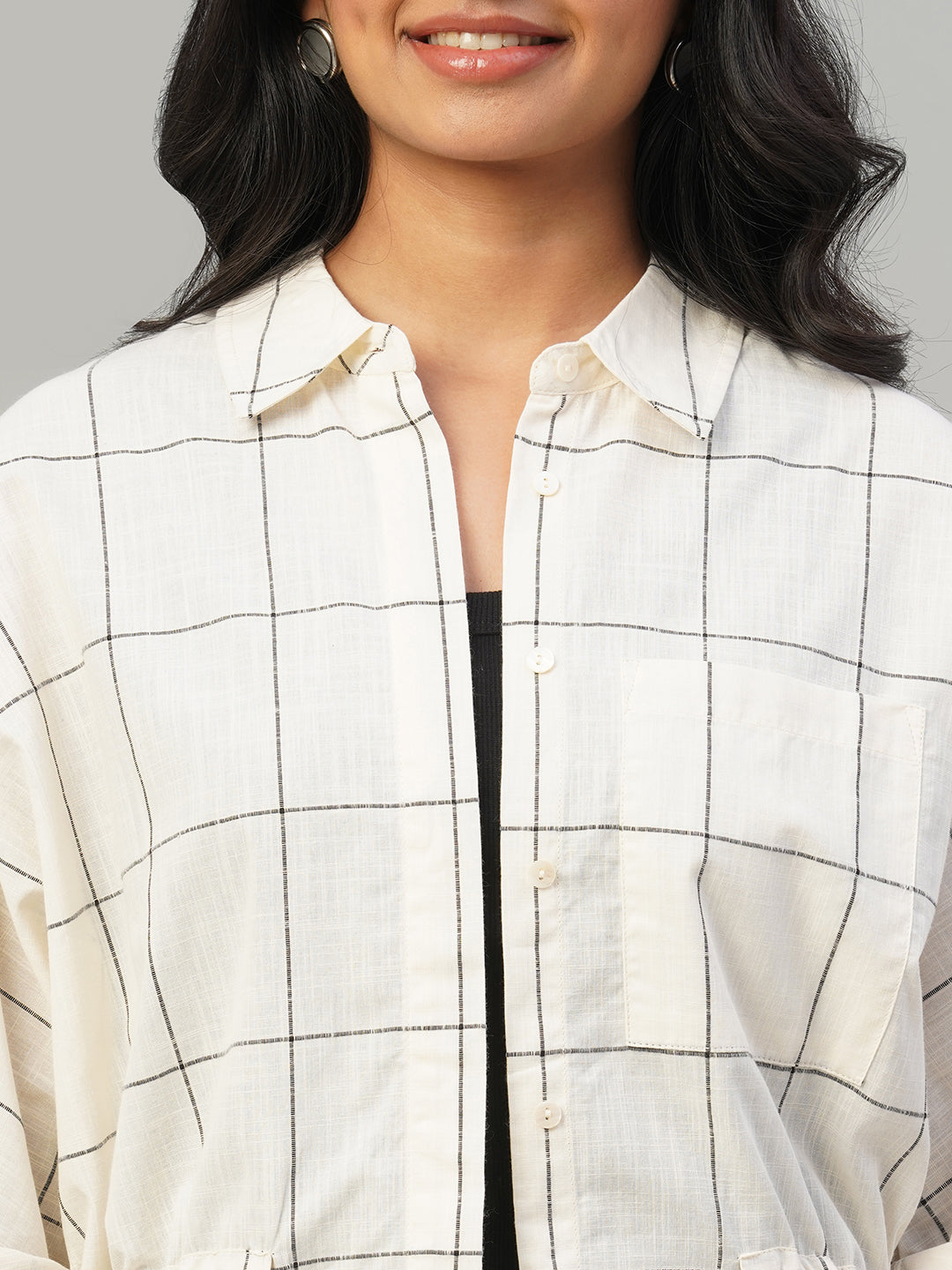 Women's Natural/Black 100% Cotton Regular Fit Blouse