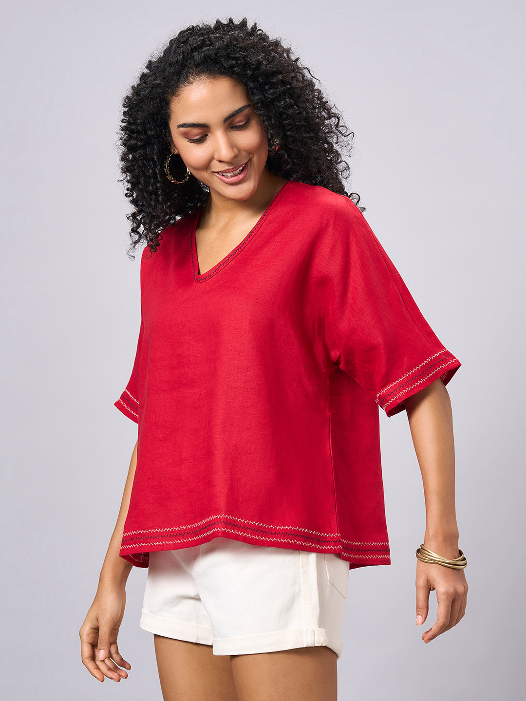 Women's Red 100% Linen Regular Fit Blouse