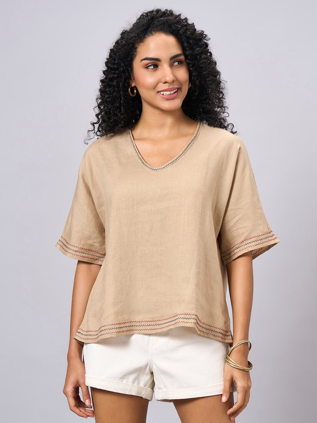 Women's Khaki 100% Linen Regular Fit Blouse