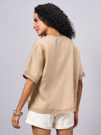Women's Khaki 100% Linen Regular Fit Blouse