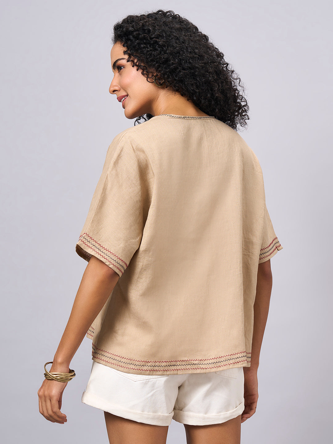 Women's Khaki 100% Linen Regular Fit Blouse