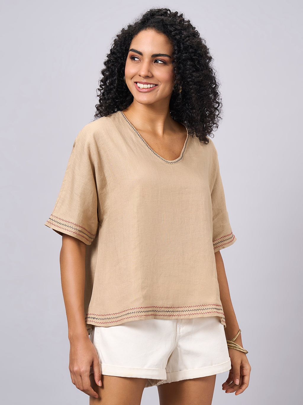 Women's Khaki 100% Linen Regular Fit Blouse