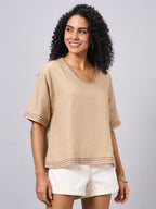 Women's Khaki 100% Linen Regular Fit Blouse