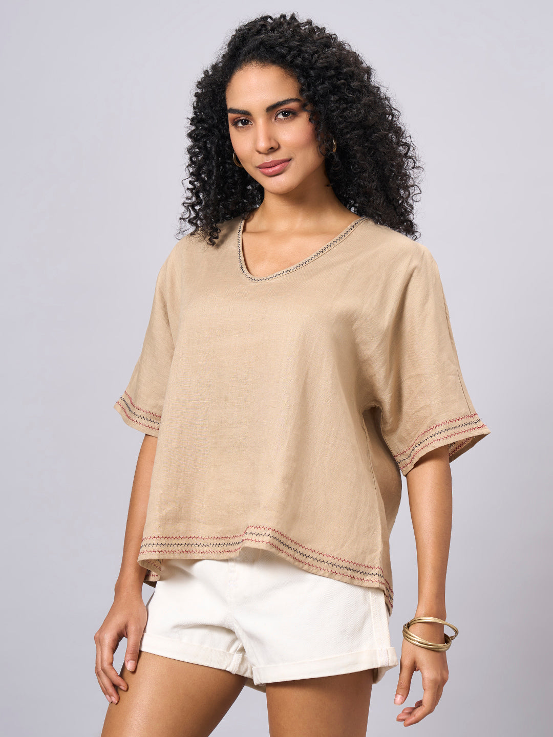 Women's Khaki 100% Linen Regular Fit Blouse