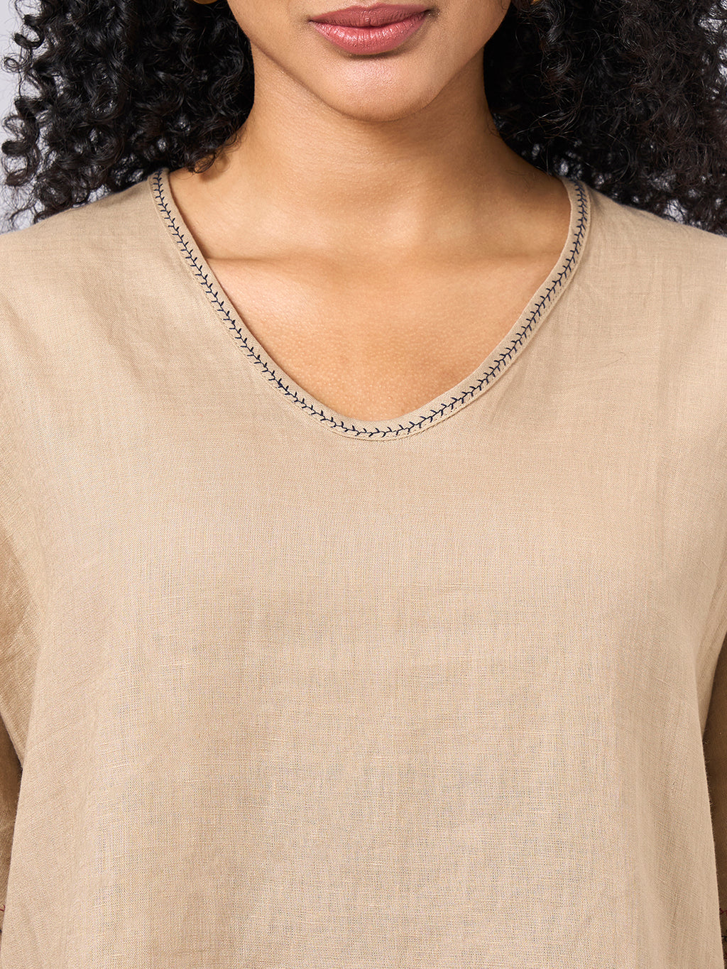 Women's Khaki 100% Linen Regular Fit Blouse