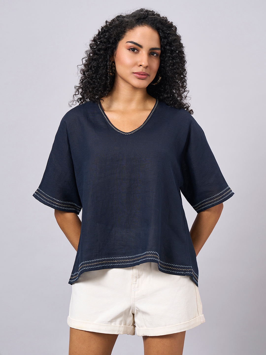 Women's Navy 100% Linen Regular Fit Blouse