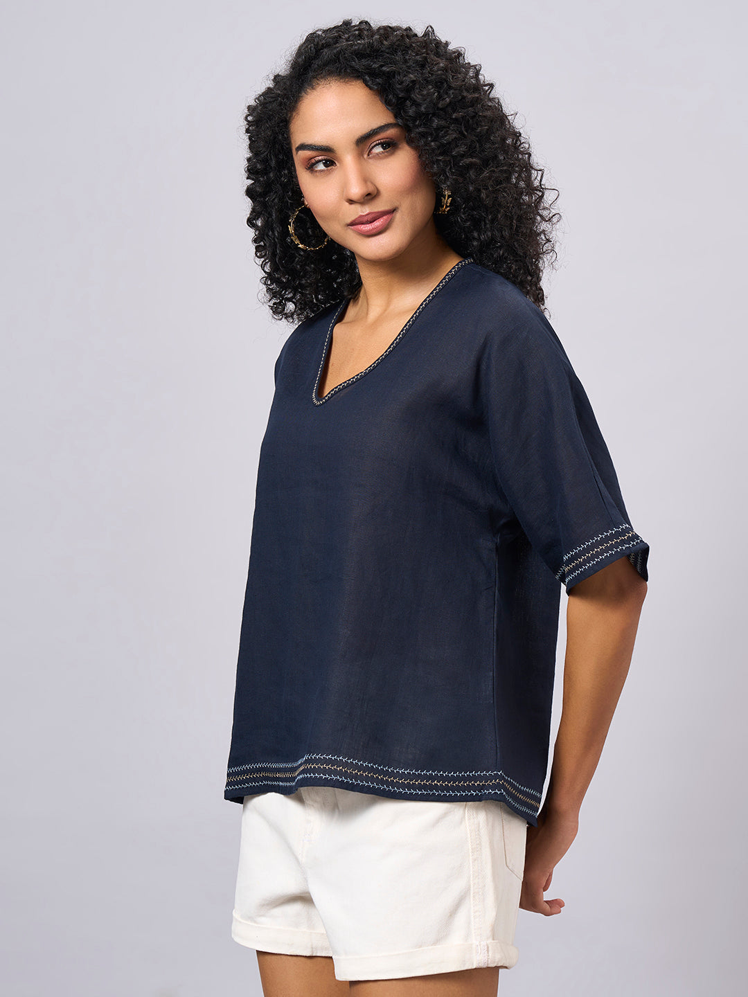 Women's Navy 100% Linen Regular Fit Blouse