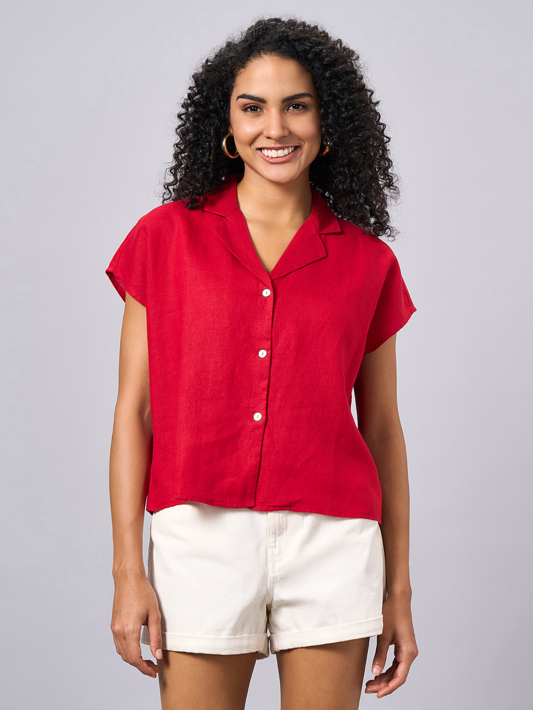 Women's Red 100% Linen Regular Fit Blouse