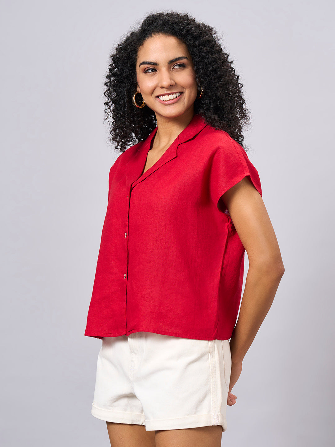 Women's Red 100% Linen Regular Fit Blouse