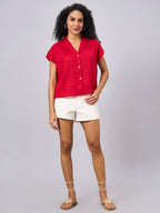 Women's Red 100% Linen Regular Fit Blouse