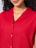 Women's Red 100% Linen Regular Fit Blouse