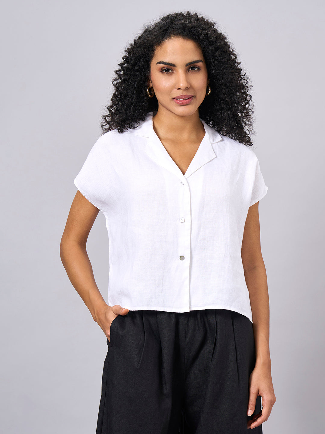 Women's White 100% Linen Regular Fit Blouse