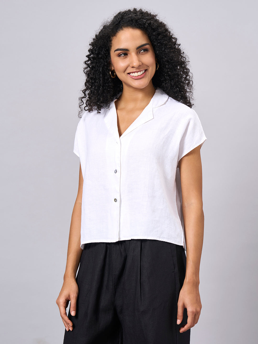 Women's White 100% Linen Regular Fit Blouse