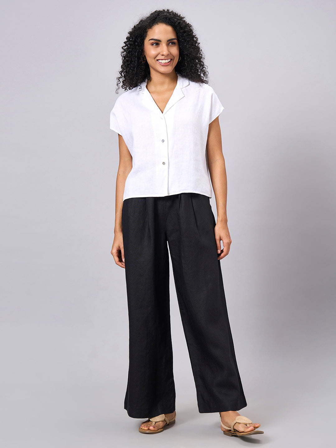 Women's White 100% Linen Regular Fit Blouse