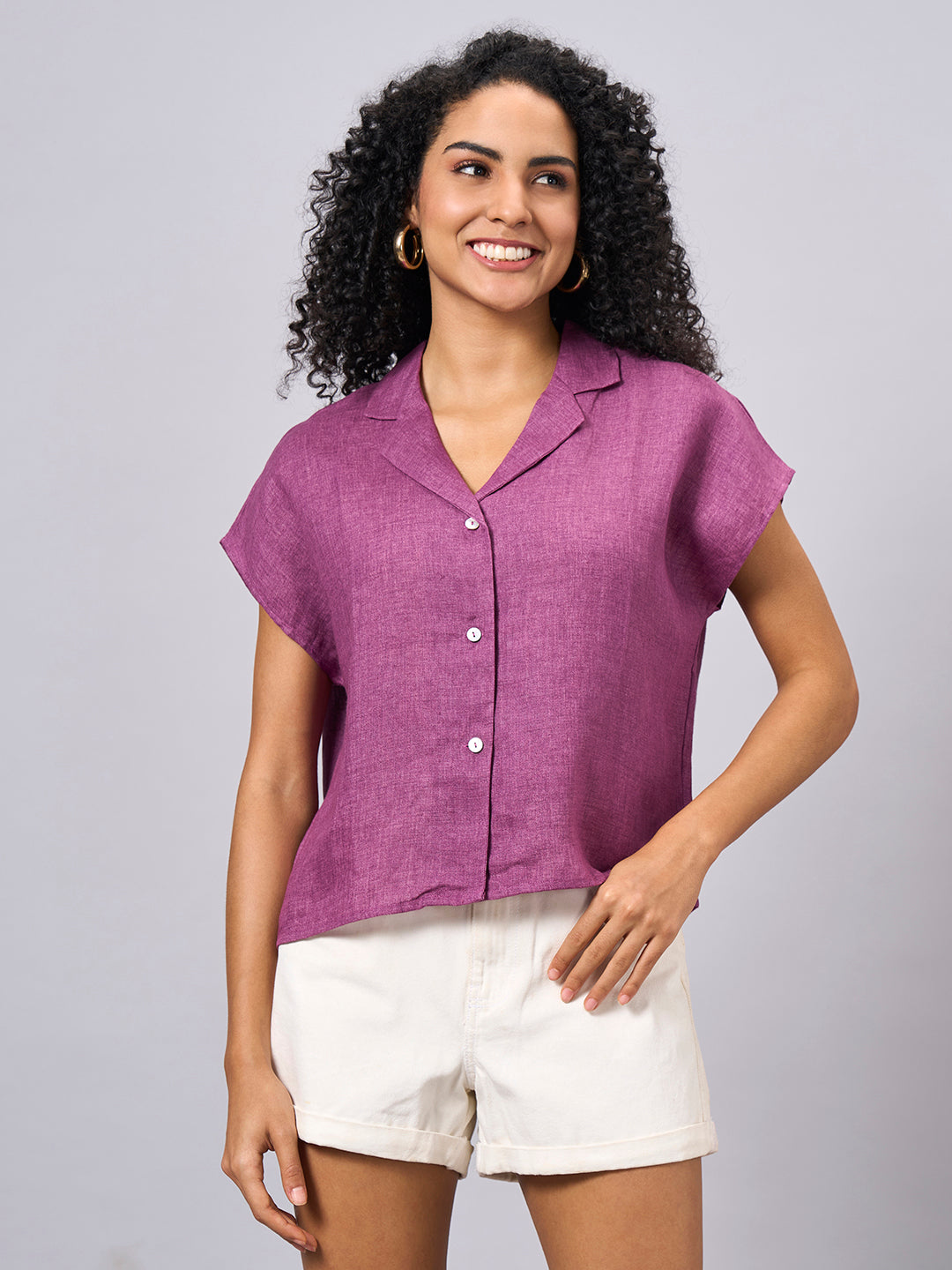 Women's Purple 100% Linen Regular Fit Blouse