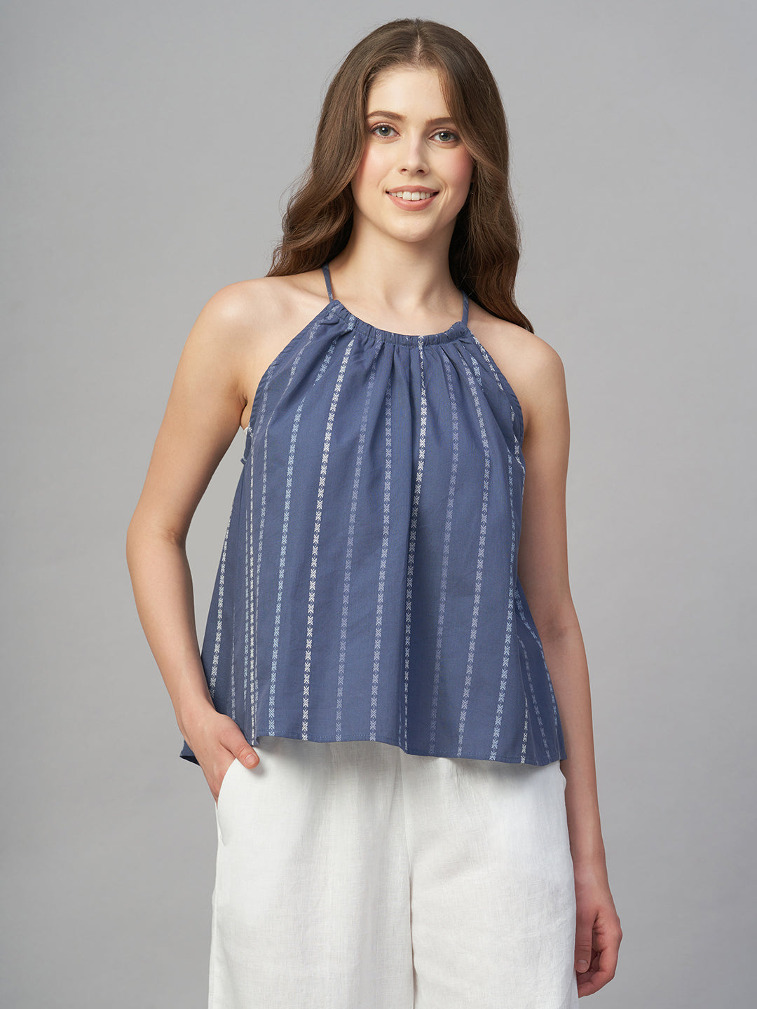 Women's Blue 100% Cotton Regular Fit Blouse