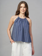 Women's Blue 100% Cotton Regular Fit Blouse