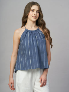 Women’s Cotton Regular Fit Stripe Halter Blouse Blue