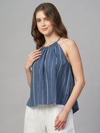 Women's Blue 100% Cotton Regular Fit Blouse