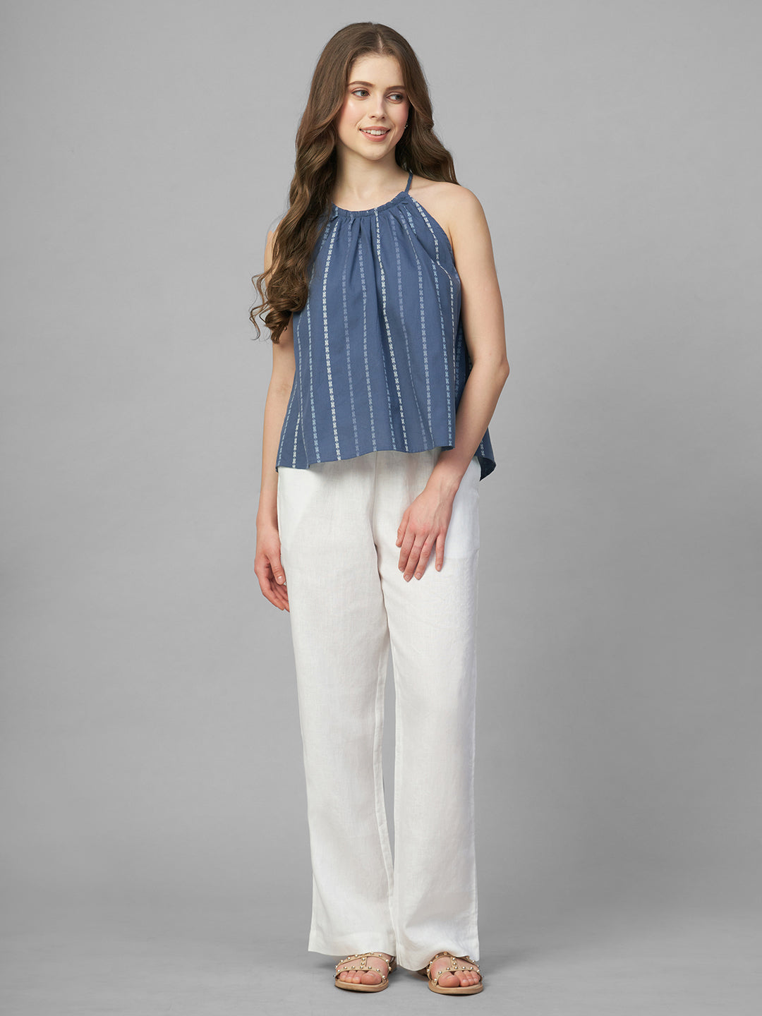 Women's Blue 100% Cotton Regular Fit Blouse