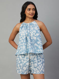 Women's 100% Cotton Floral Halter Blouse Blue